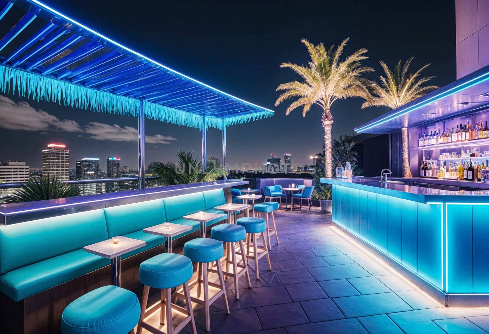 AI generated of the rooftop bar at the hotel with palm trees in the background