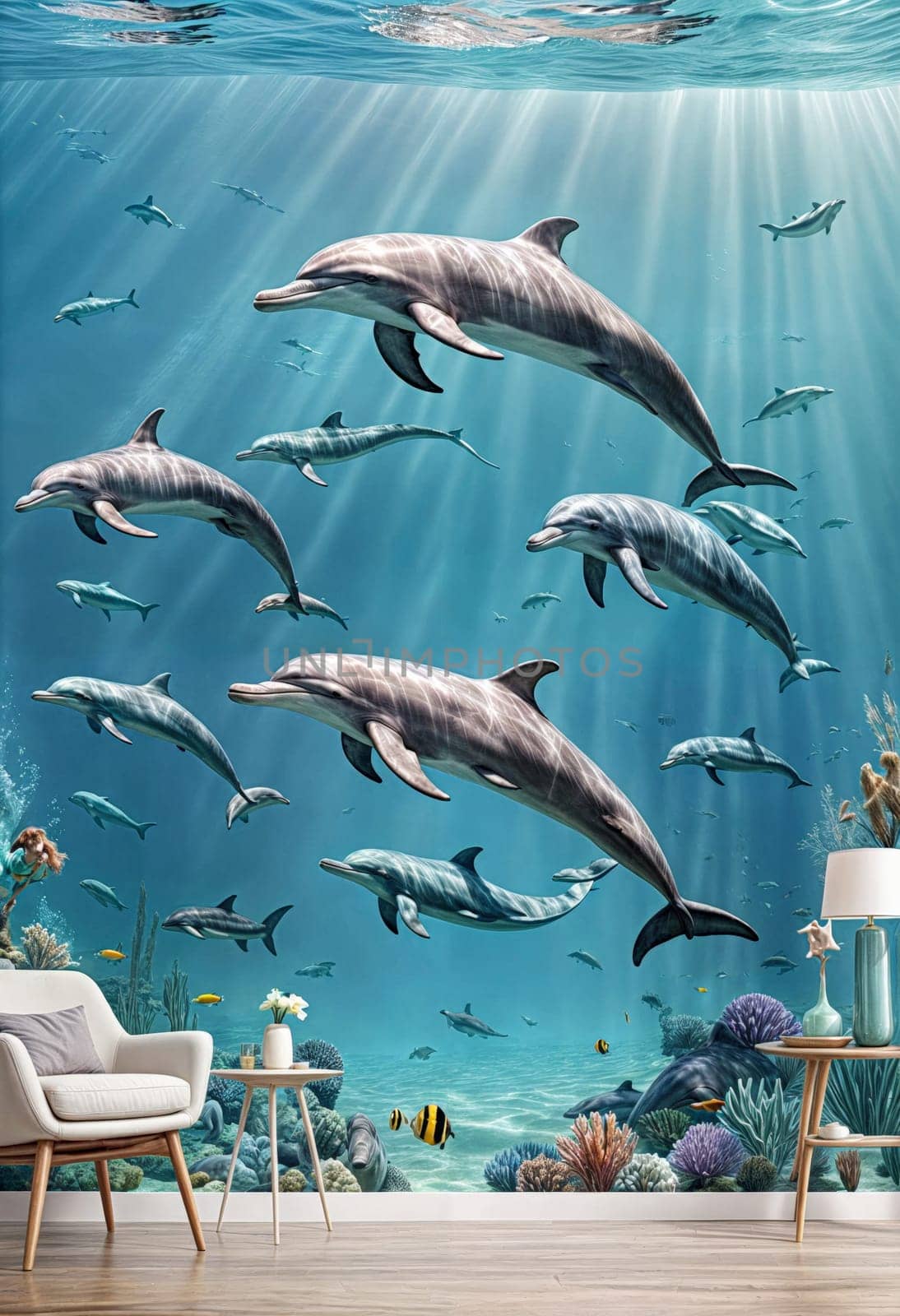 AI generated of a photo of dolphins swimming in a tank with other fish swimming in it