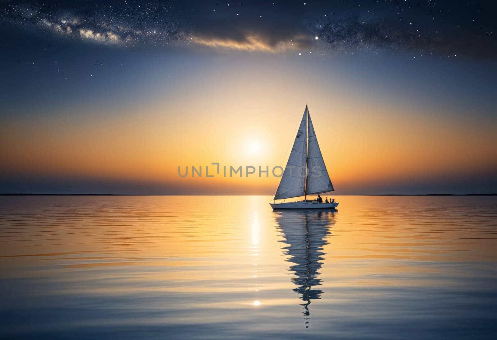 AI generated of a sailboat is floating in the ocean with the sun behind it