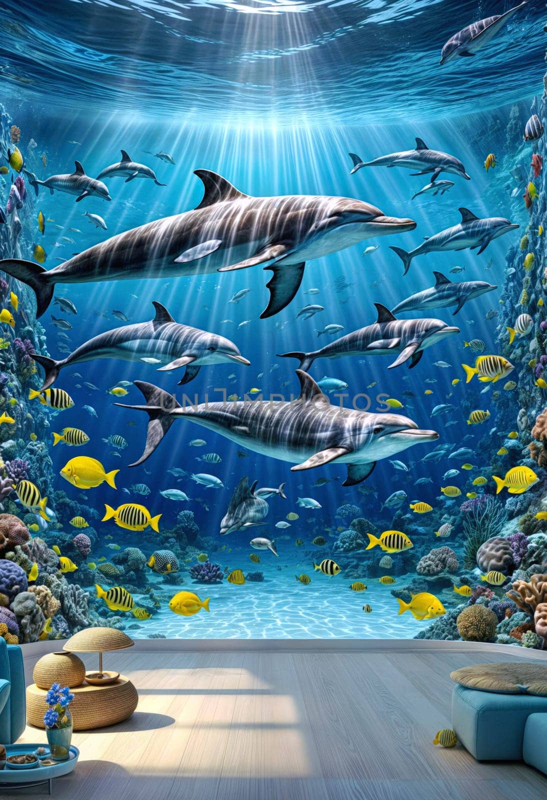 AI generated of a living room with dolphins and fish in the huge aquarium