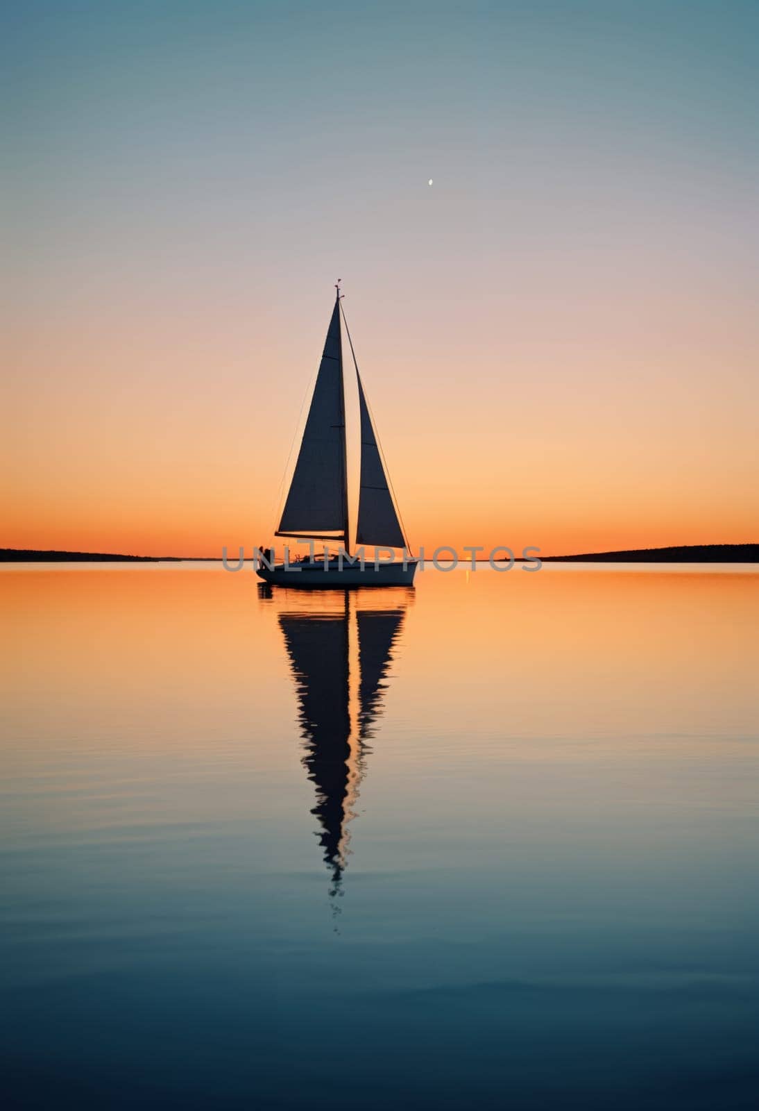 AI generated of a sailboat is floating in the ocean water at sunset