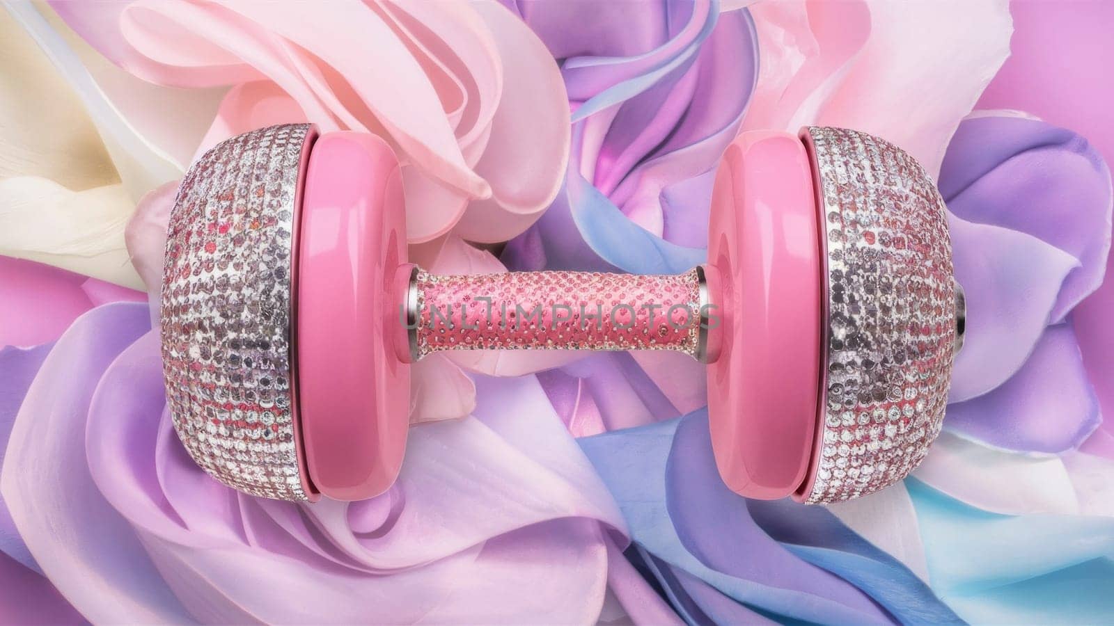 Luxurious pink dumbbell adorned with crystals set against a swirling pastel background. Ideal for stylish fitness enthusiasts.
