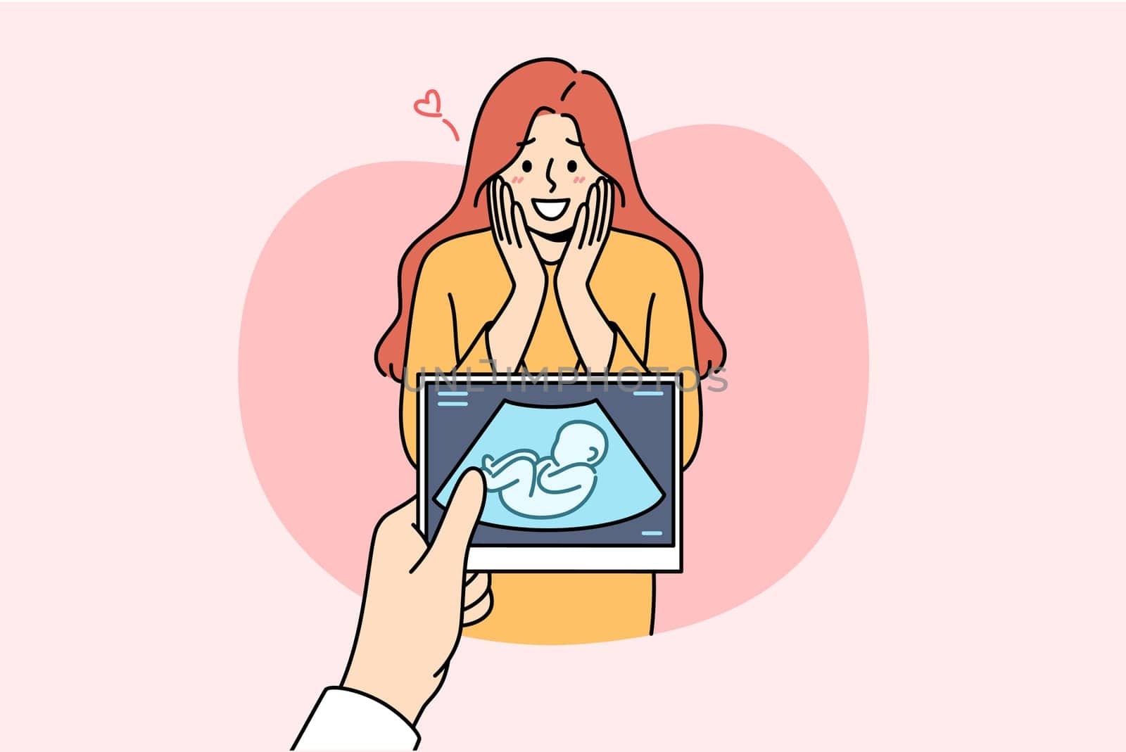 Pregnant woman rejoices after seeing intrauterine ultrasound image of son, and experiences joy of motherhood. Prenatal happiness of pregnant lady who finds out gender of baby for first time