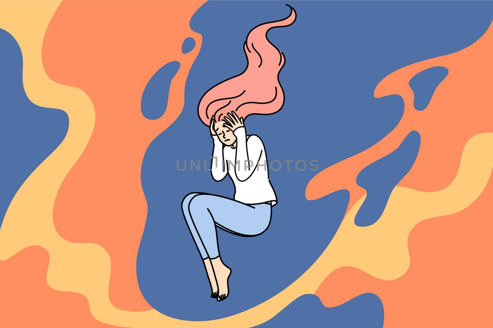 Depressed woman clutches head feeling migraine caused by stress, floating among flames. Apathetic state and frustration in depressed lady who needs help of psychotherapist to combat mental disorder