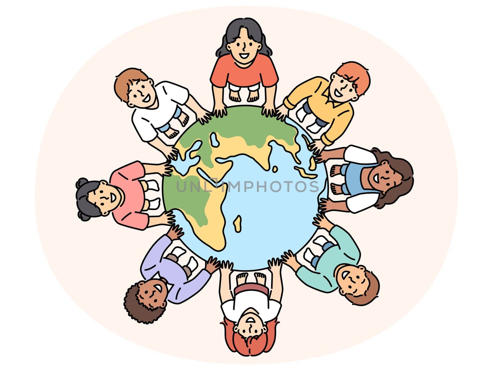 Smiling diverse children standing near globe showing unity and solidarity. Happy kids from around the world near planet earth. Ethnicity and diversity. Vector illustration.