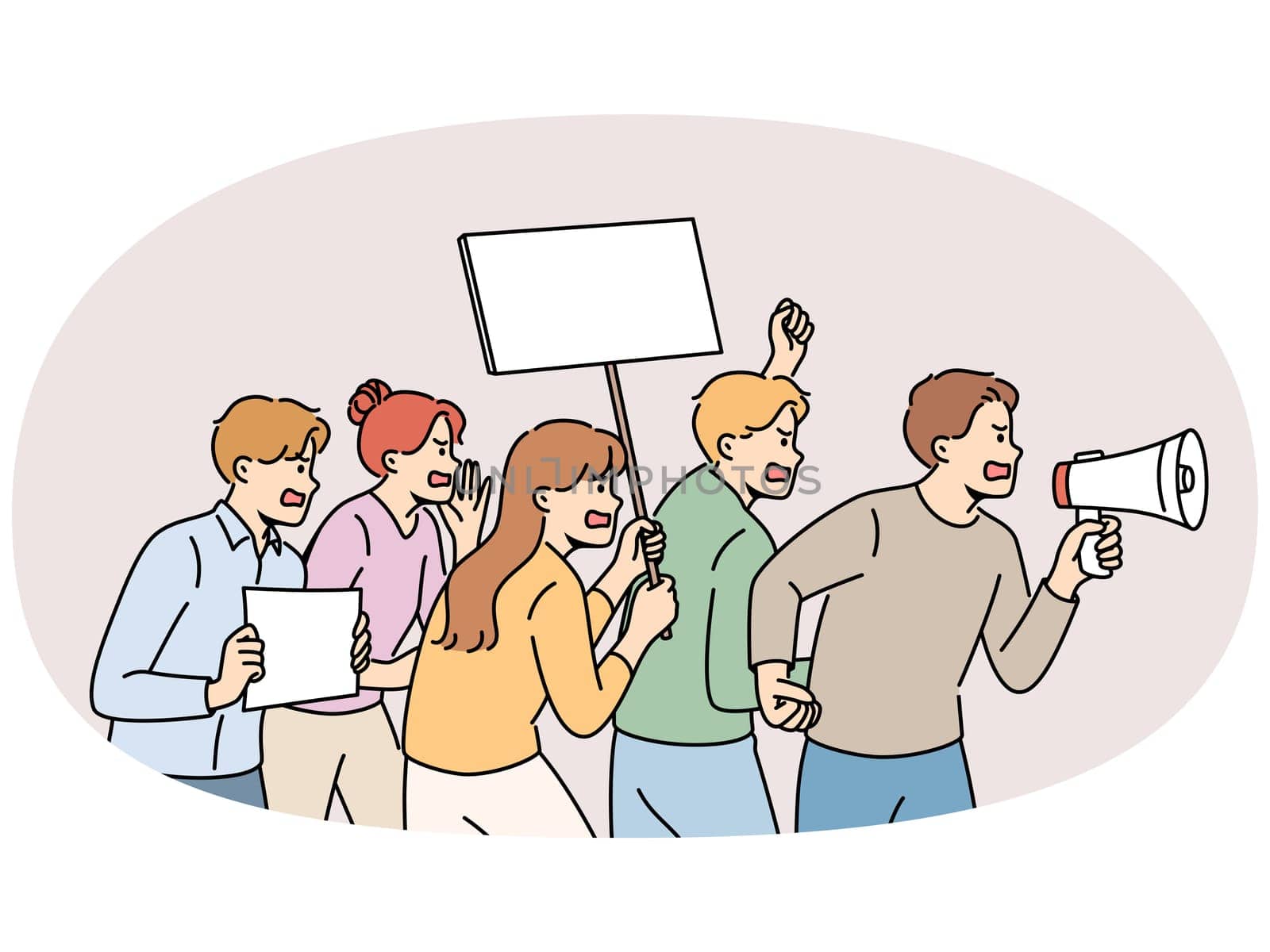 Furious people with megaphone and placards on street protest. Mad activists or volunteers protest and scream on demonstration. Vector illustration.