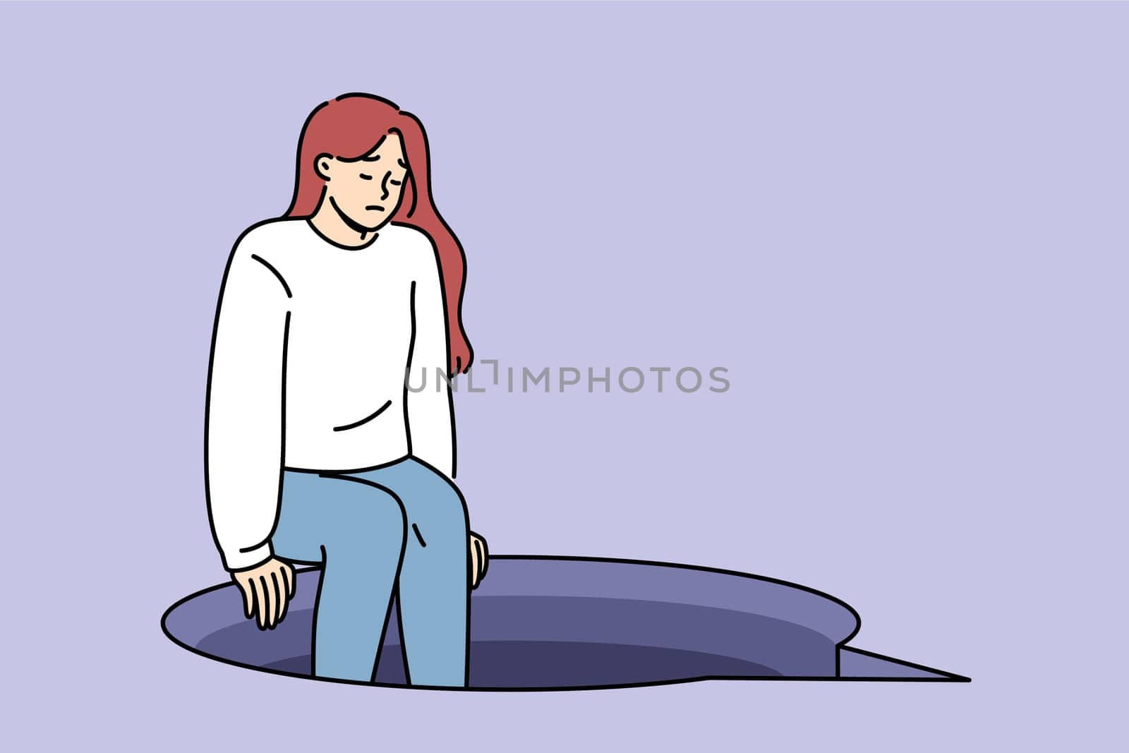 Depression in woman sitting on edge of abyss in form of speech bubble, as metaphor for complex conversation. Introvert girl experiences frustration and negative emotions due to upcoming conversation.
