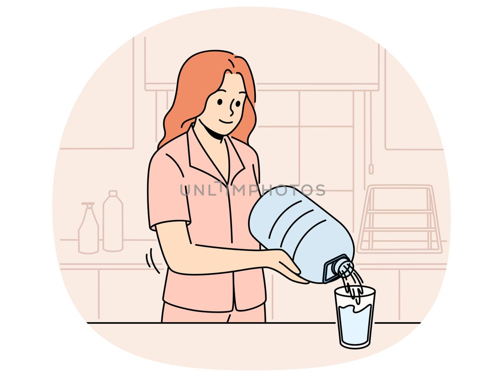 Smiling woman pouring water from bottle at home kitchen. Happy girl drinking clean bottled aqua feeling thirsty. Hydration and healthy life. Vector illustration.
