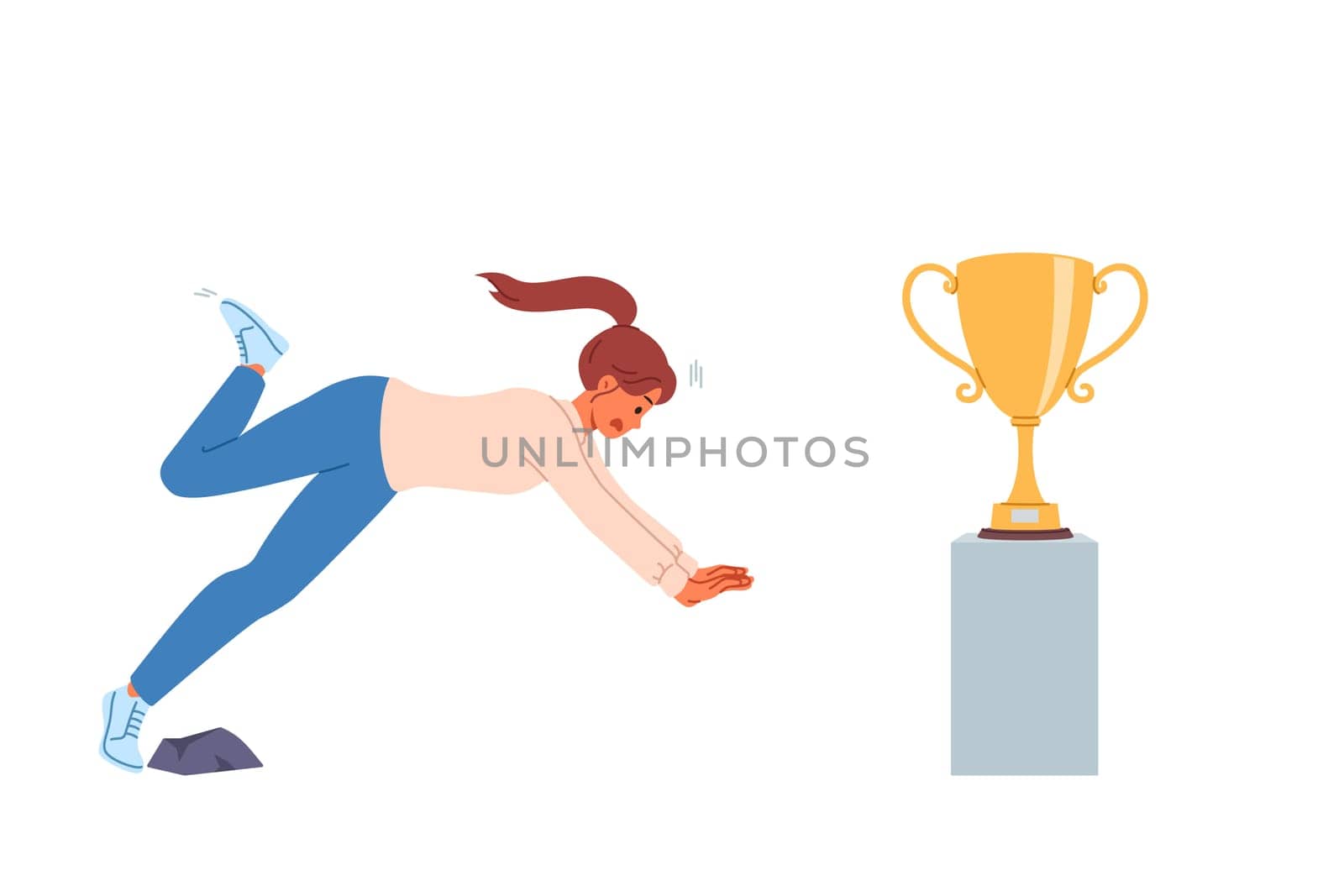 Woman falls on path to success and fail in desire to get golden cup symbolizing leadership in society. Fail for businesswoman who stumbles while performing task and does not deserve reward