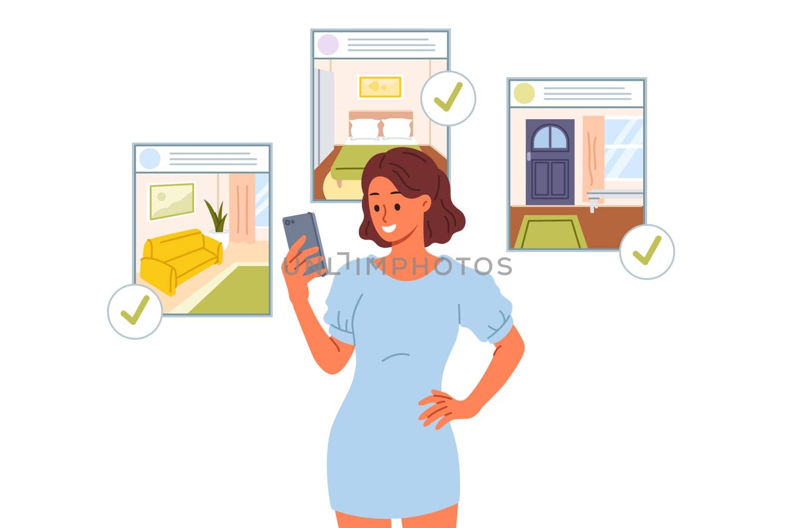 Woman realtor posts advertisements for sale of apartments on internet, uses mobile phone with application for real estate agents. Girl books house or hotel room on realtor website.