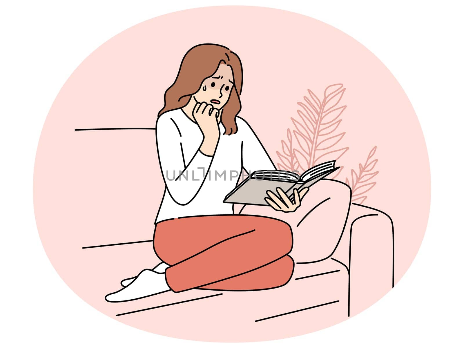 Woman sit on couch rad book crying. Unhappy girl feel emotion reading literature at home. Hobby and emotions. Vector illustration.