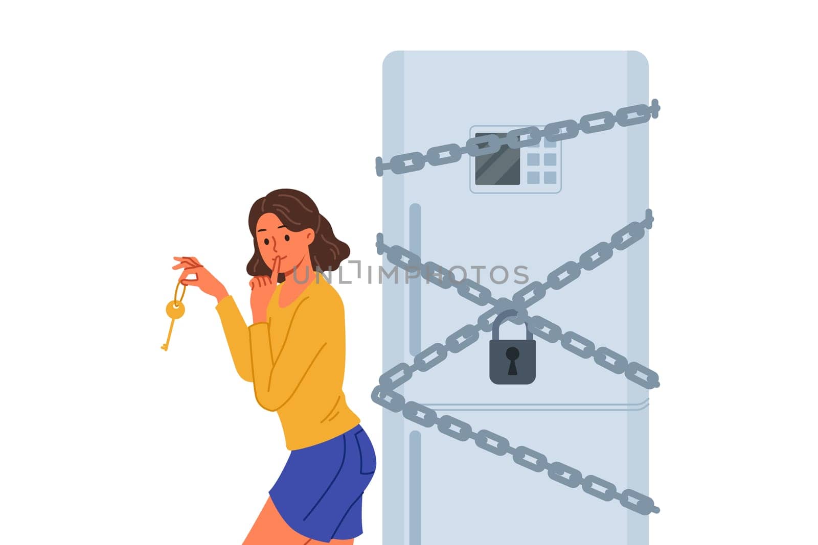 Woman starting diet locked refrigerator to reduce number of calories from food consumed. Funny girl wants to break diet and have dinner at night, due to lack of willpower and motivation
