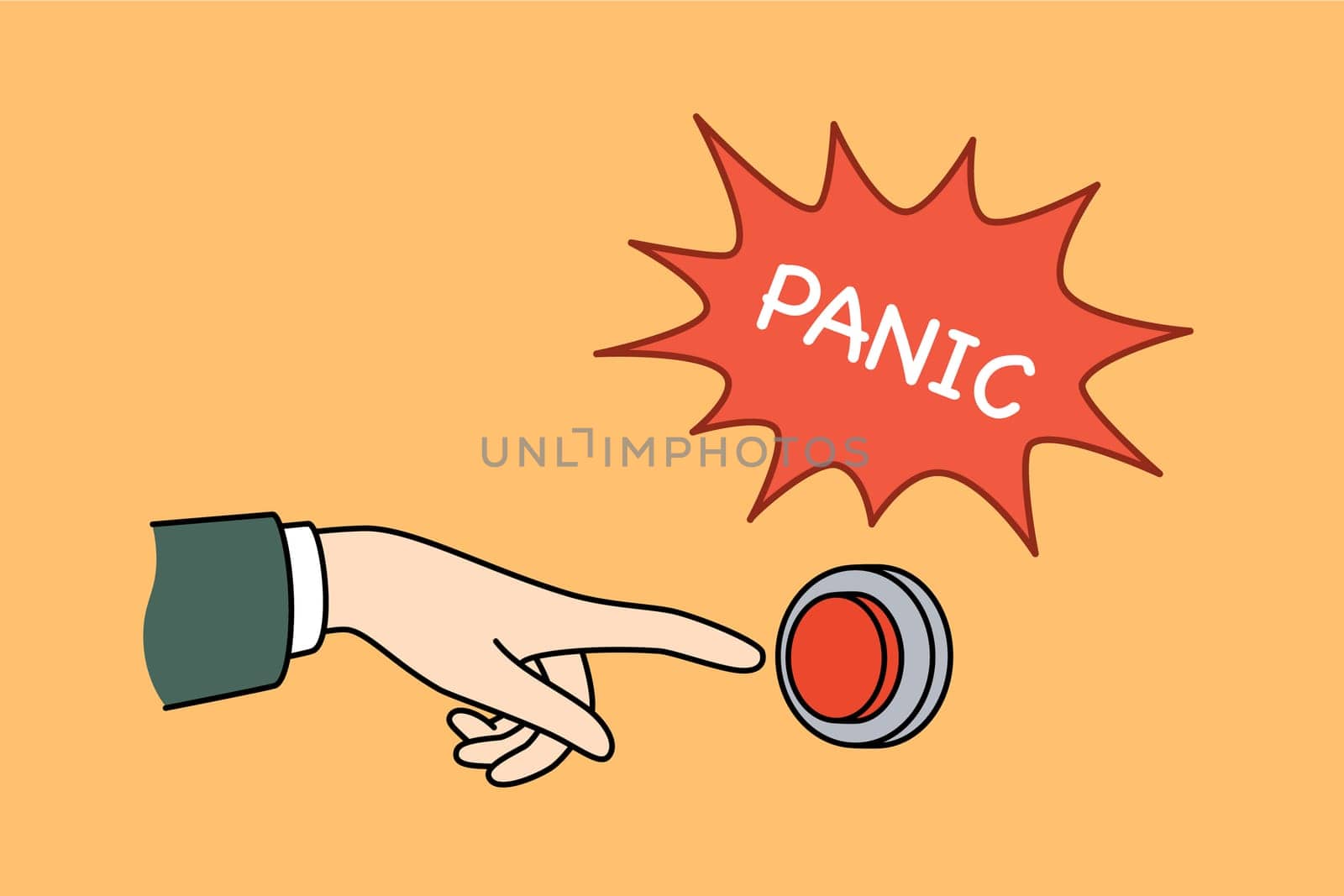 Panic button near person hand, for concept of importance of motivation and taking antidepressants. Metaphor for onset of panic attack caused by lack of help from professional psychotherapist.