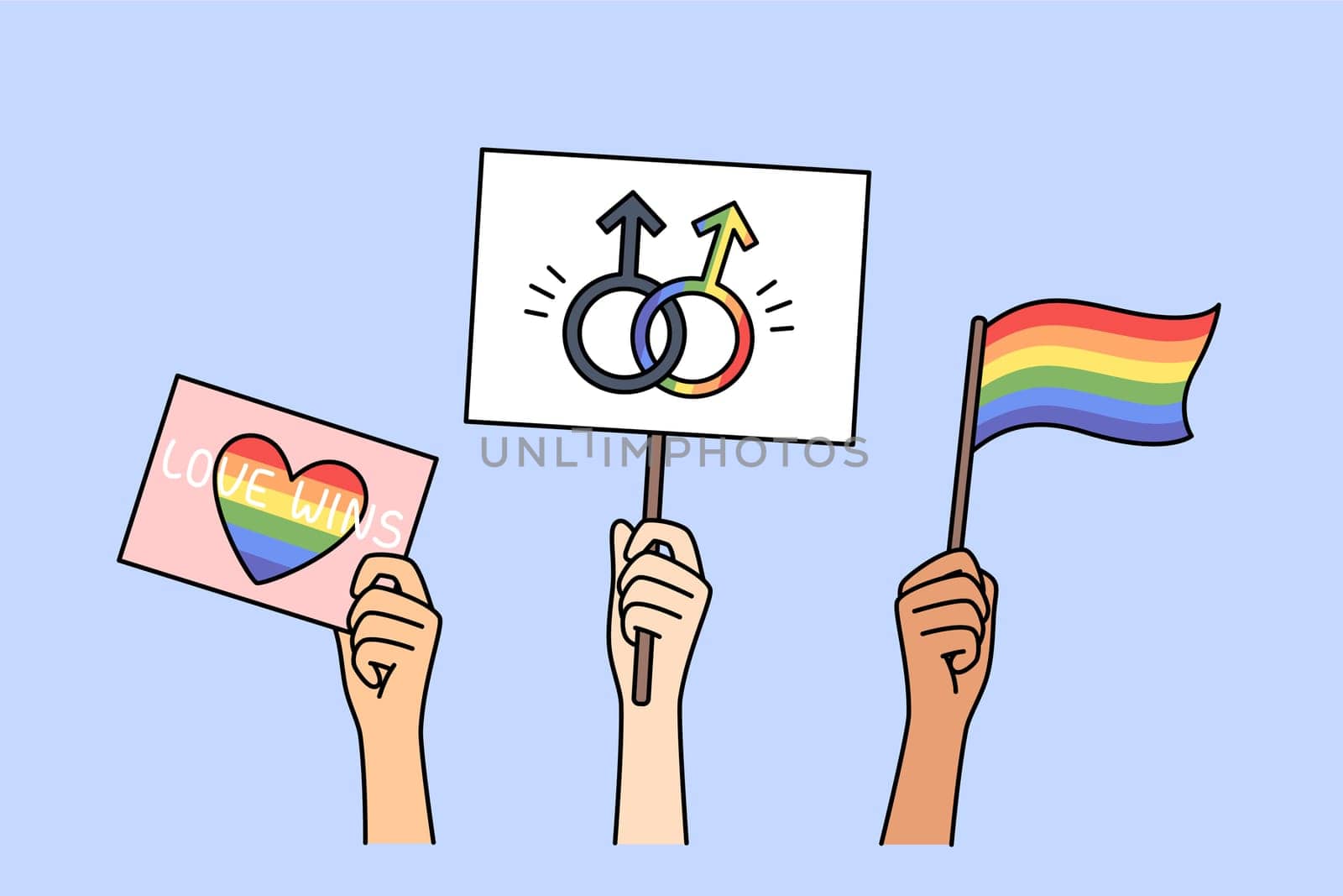 LGBT posters and flags in hands of people, with images of rainbow symbols and inscription love wins. LGBT community celebrates pride month and calls for fighting for rights of LGBTq individuals