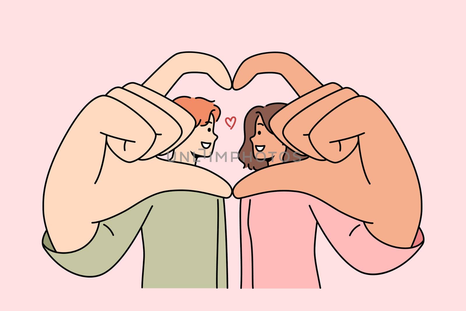 Romantic couple shows symbol of love and devotion, giving heart from hands and wanting to kiss. Multinational man and woman are proud of mutual love or opportunity to build united family