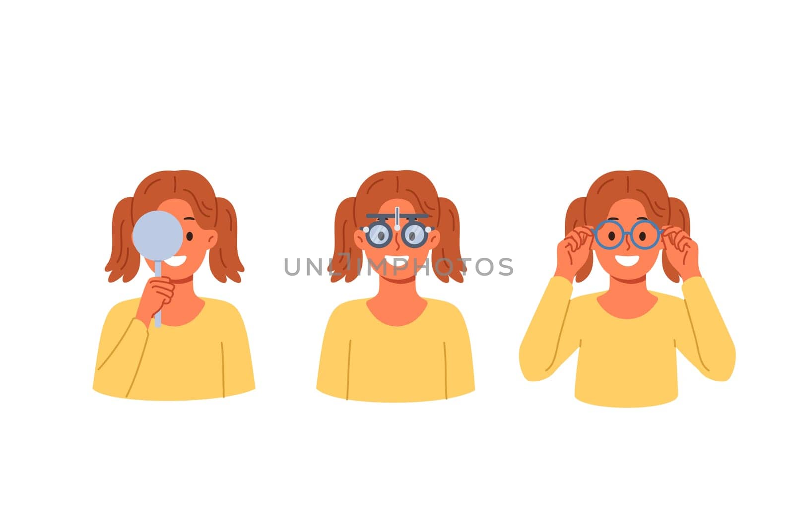 Vision testing and choice of glasses in ophthalmic clinic for little girl experiencing eye problems. Selection of glasses and right lenses for vision correction for preschool child