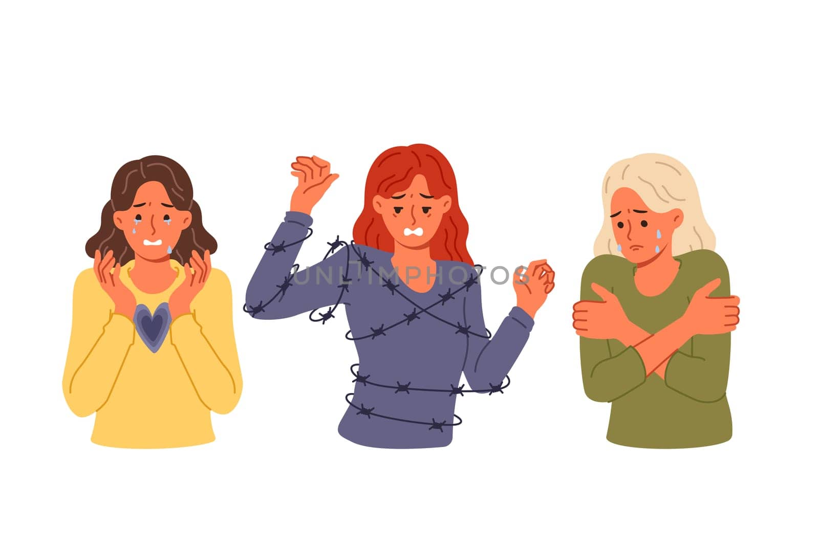 Depressed women feel pain and despair due to mental problems, shed tears and suffer because of barbed wire. Girls victims of domestic violence and discrimination need help to heal from despair