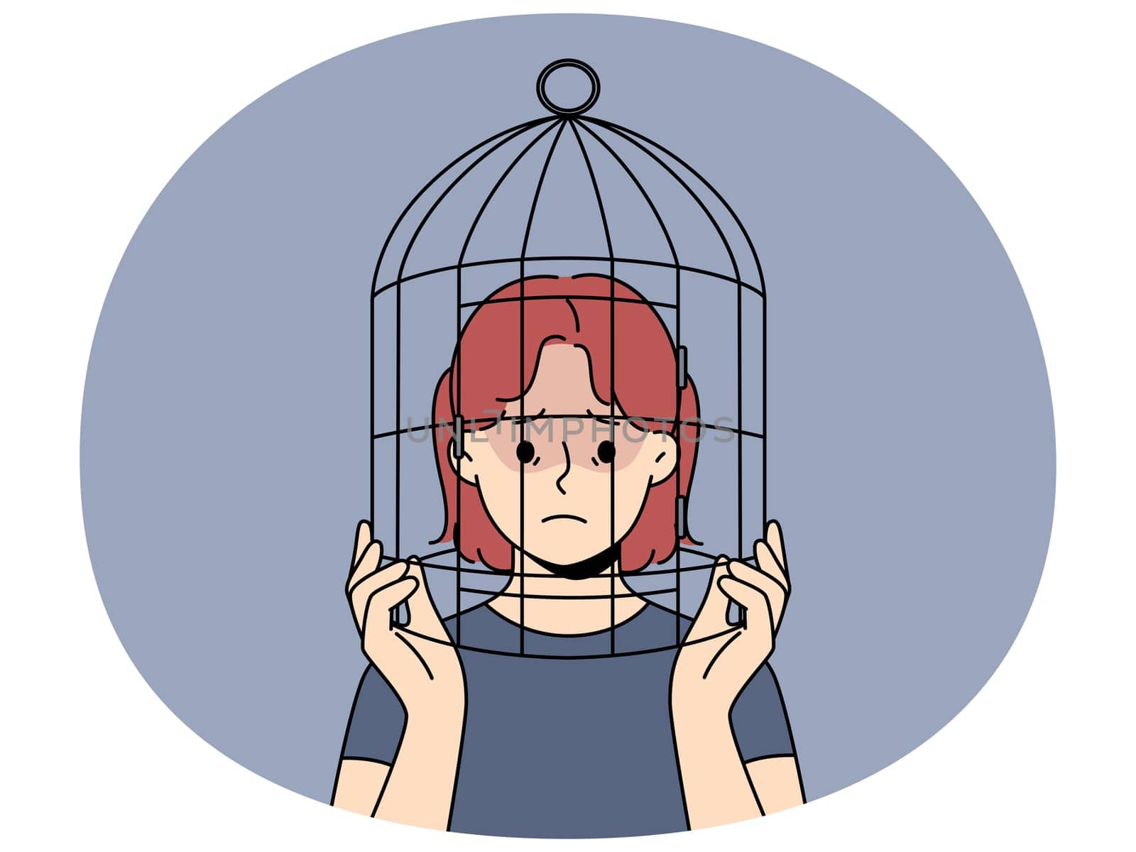 Unhappy teenager girl with head in birdcage suffer from discrimination and lack of freedom. Upset teen child locked in cage struggle with psychological problems. Vector illustration.