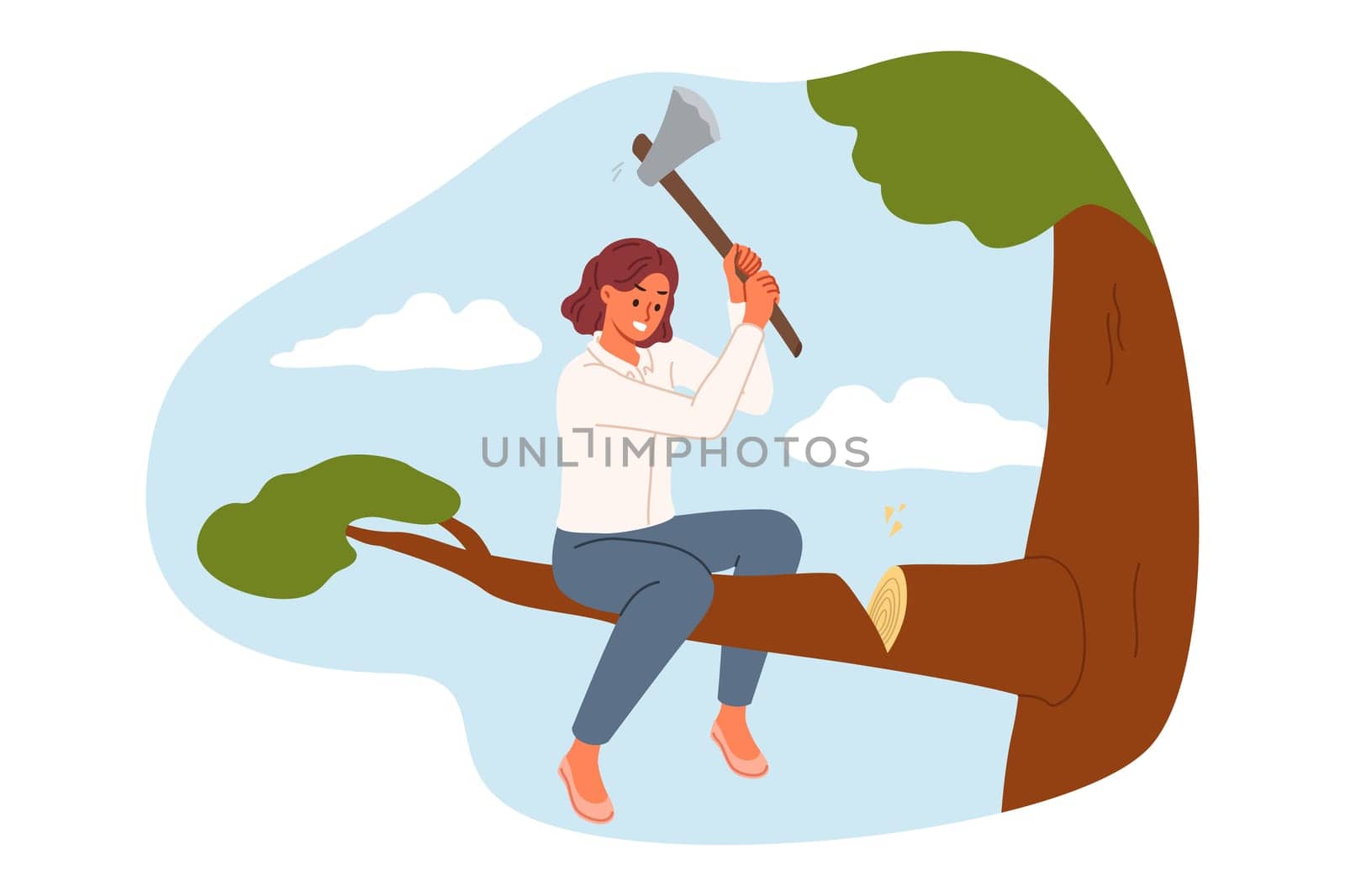 Foolish business woman cuts branch she is sitting, risks falling and failing due to mistake. Girl from proverbs makes mistake that has negative consequences in career or professional life