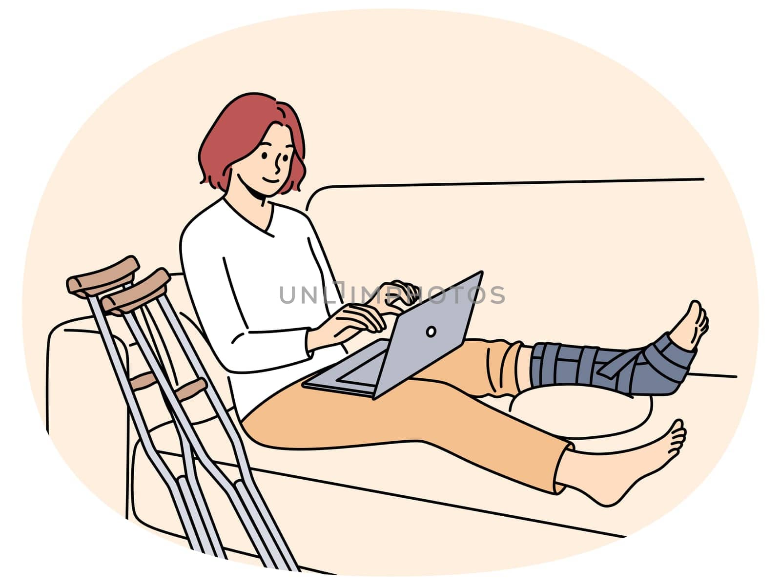 Woman sit on sofa at home with broken leg working on computer. Positive female with cast on leg freelance on laptop. Sick leave and remote work. Vector illustration.