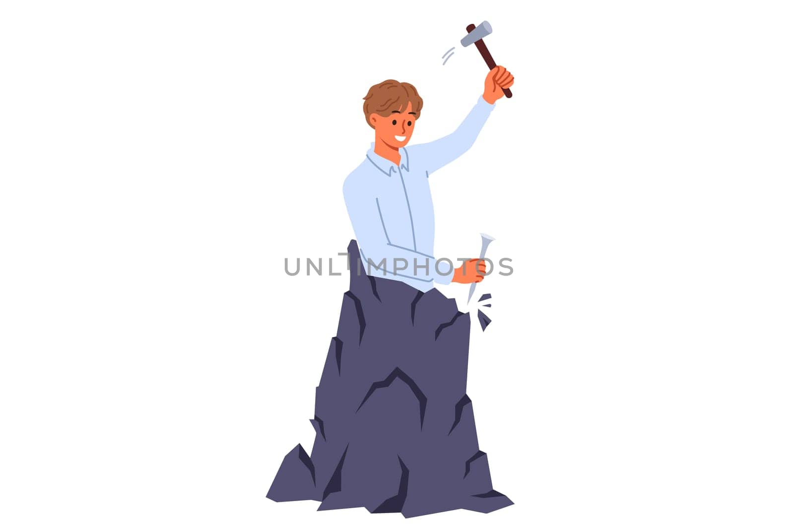 Man makes himself, making efforts for professional development, hollows out own image from rock. Concept of striving for business success and motivation for development and improving life