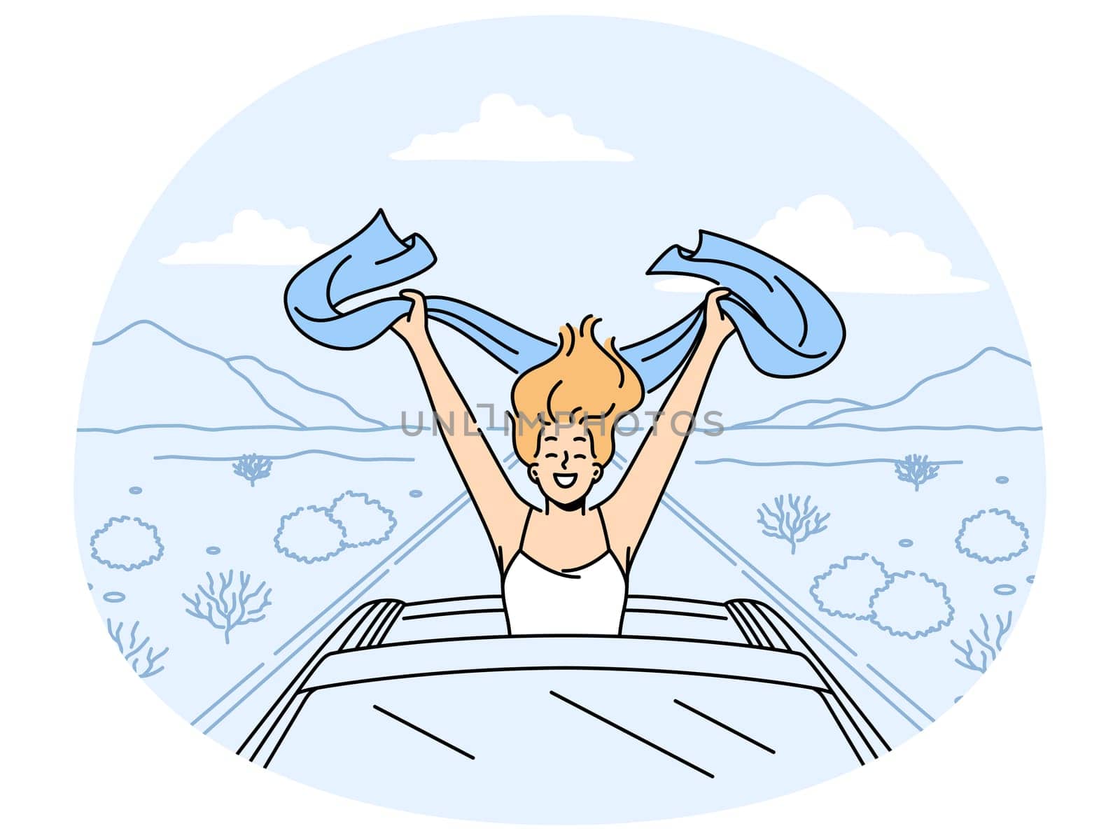 Happy woman with scarf riding in cabriolet car in desert. Smiling girl enjoy automobile drive with open roof. Freedom and summertime. Vector illustration.