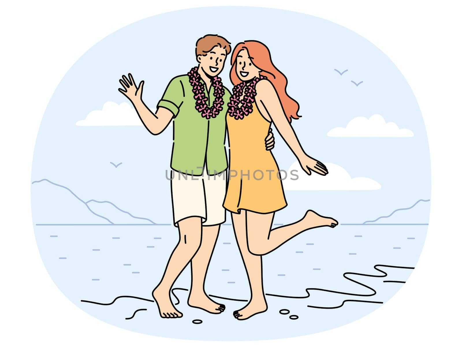 Smiling couple in flower wreaths on neck posing on beach on honeymoon. Happy man and woman enjoy summer vacation on seashore. Vector illustration.