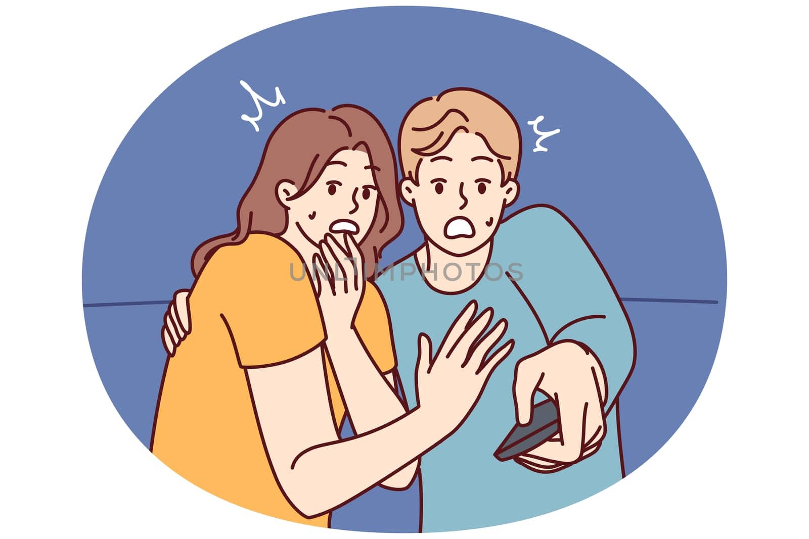 Frightened man and woman with TV remote control are shocked after watching scary movie with murders or monsters. Shocked couple gets scared while watching news on TV because of depressing forecasts