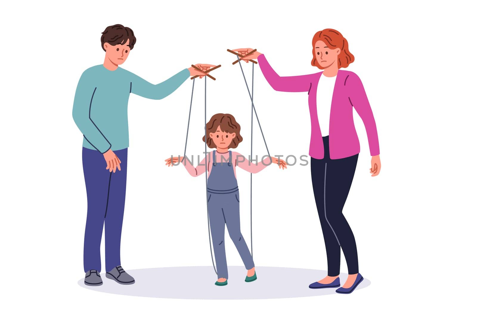 Bad parents manipulate child using strings of puppeteers to raise unhappy daughter. Married couple manipulate kid, causing negative impact on psyche and destroying little girl future.