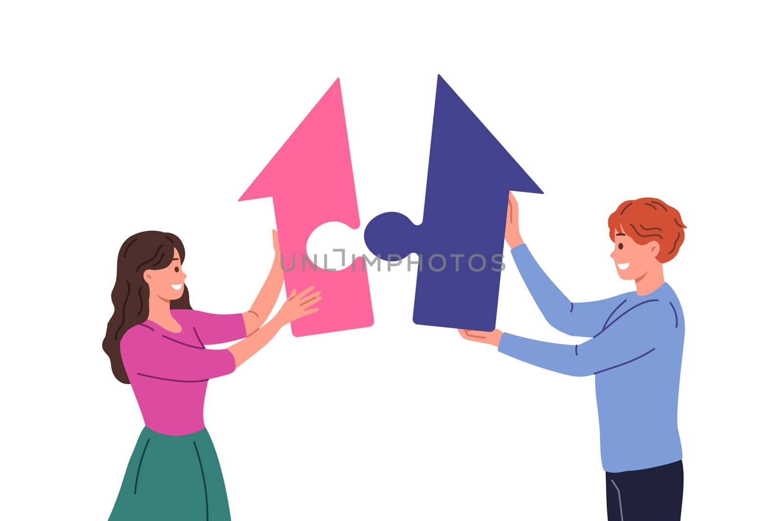 Buying family property by couple of man and woman putting together large puzzle in shape of house. Happy young people strive to rent apartment or buy house to improve living conditions