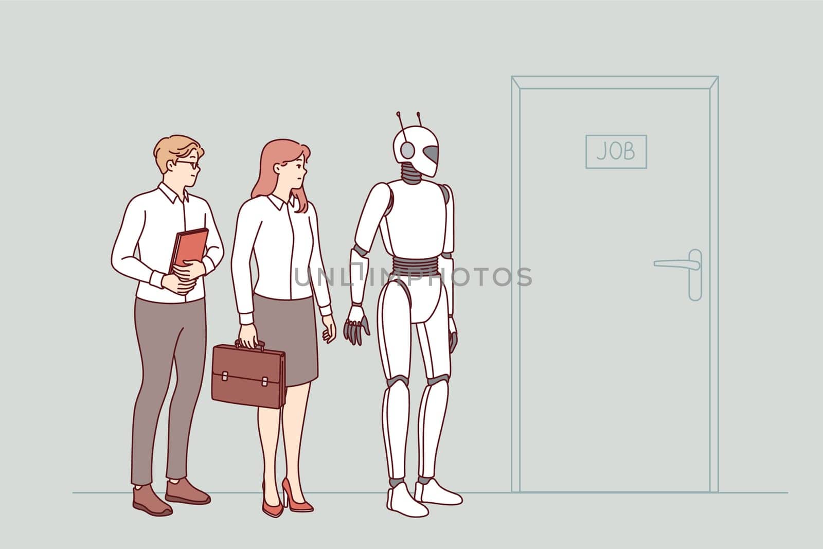 Humanoid robot with AI competes for vacancy and opportunity to get job, standing in line with people near door. Concept of danger of unemployment due to robotization of processes and AI