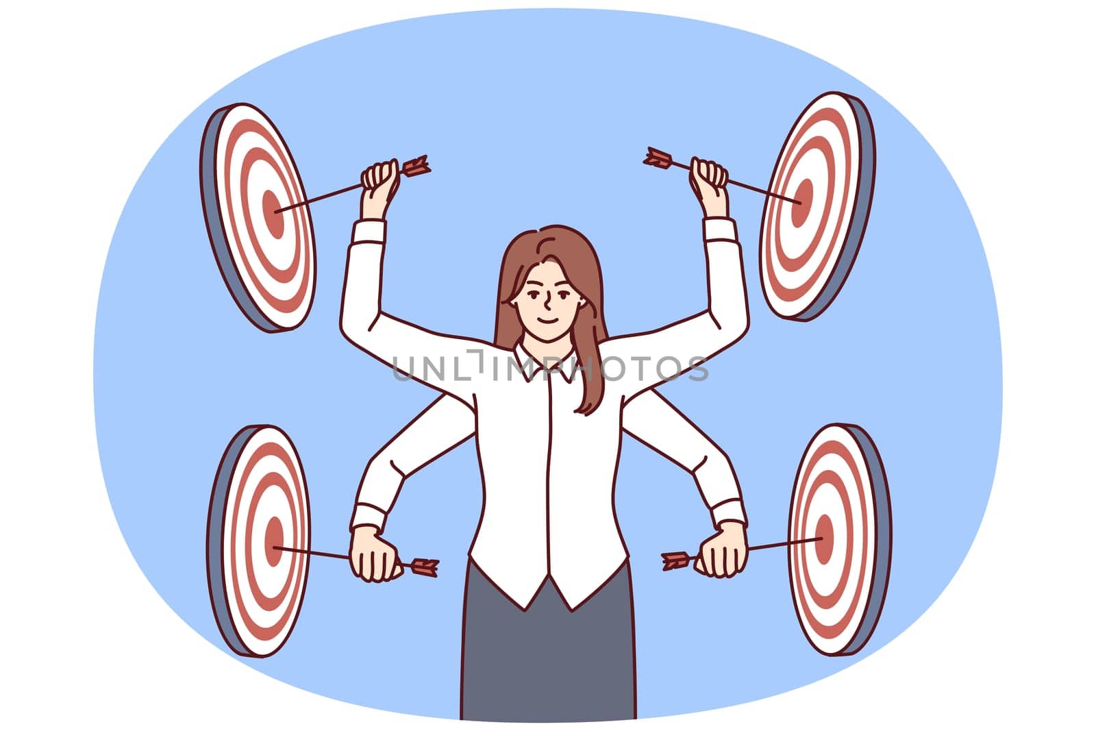 Professional multi-armed woman manager strikes performs several business goals at same time multitasking. girl among targets for darts symbolizes concentration on professional skills and goals