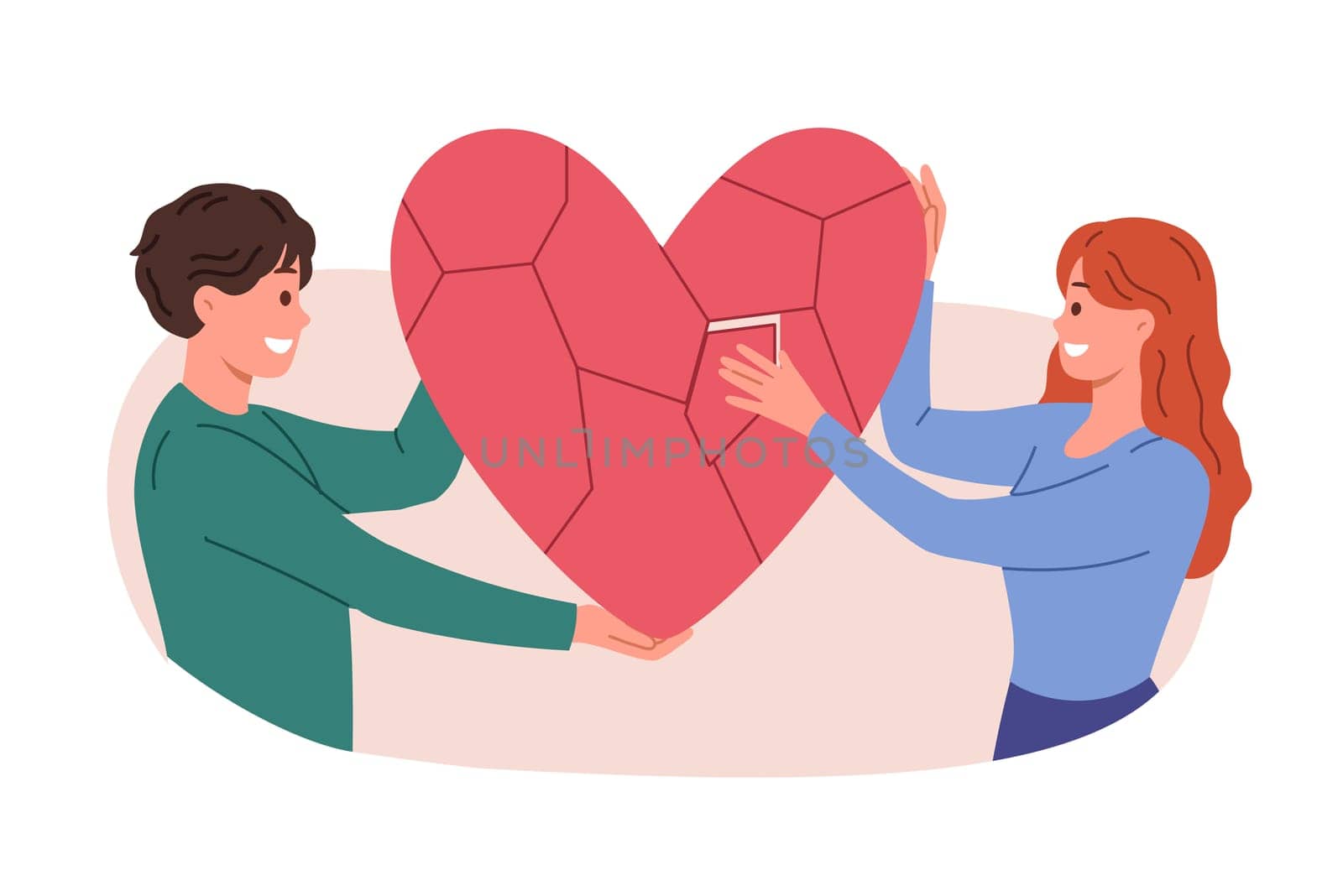 Family reunion of man and woman re-establishing romantic relationship and holding heart made of small pieces. Happy family couple repairing broken heart, wanting to restore love or life together