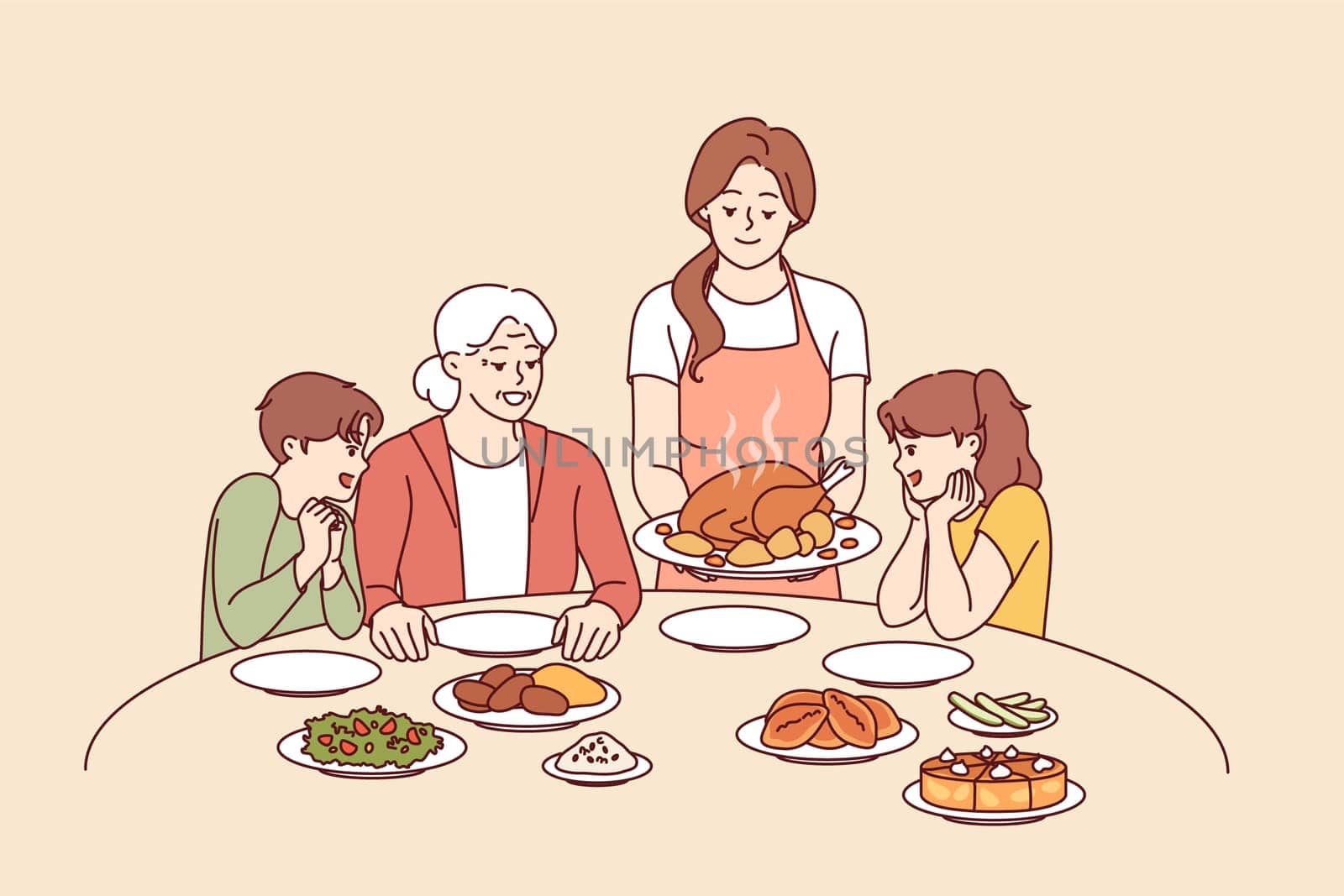 Family celebration of thanksgiving with joint dinner and delicious turkey cooked according to catholic traditions. Caring mother serves poultry meat baked in oven during thanksgiving dinner