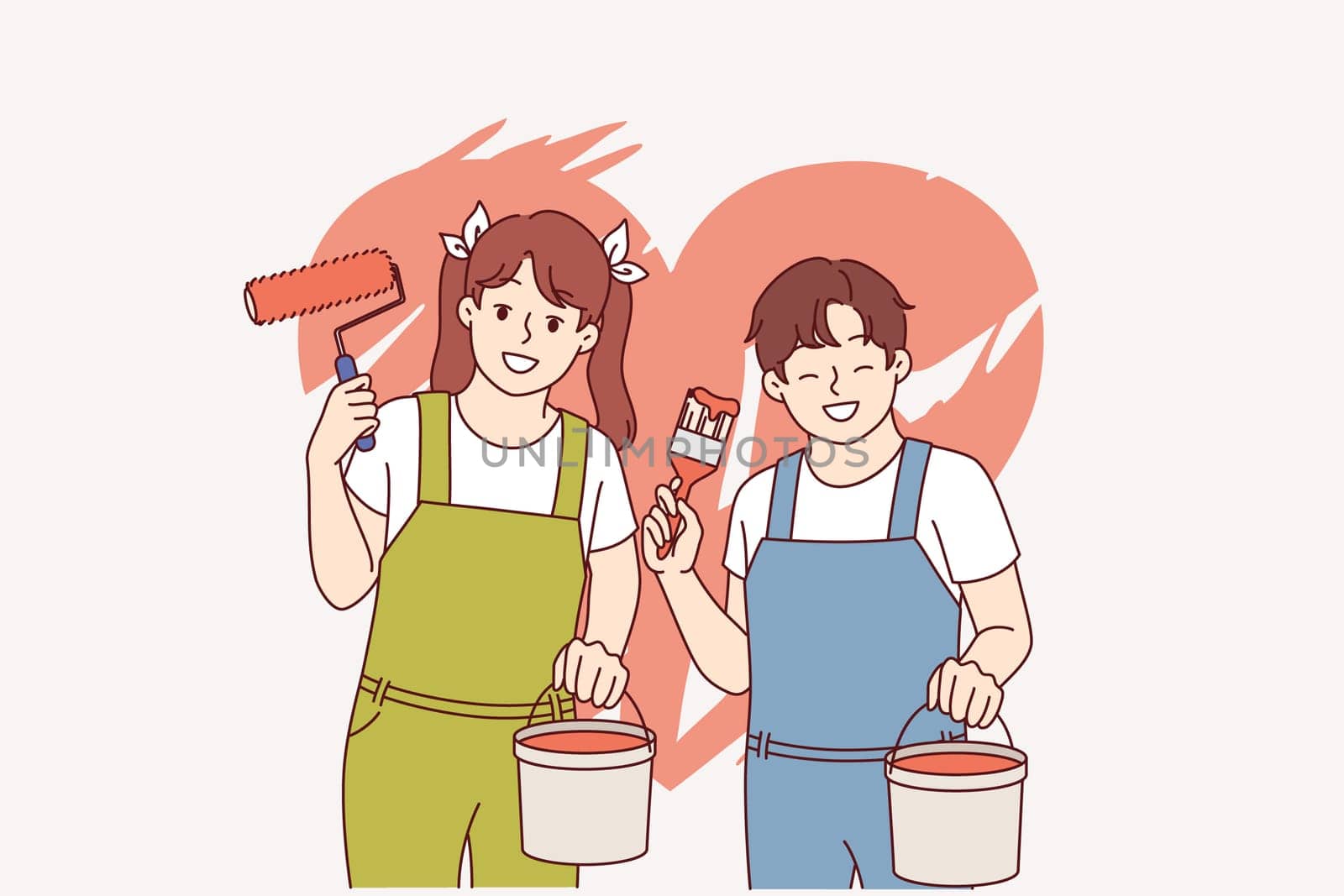 Boy and girl painted heart on wall using bucket of paint and roller with brush. Heart symbolizing love or kindness with charity, behind happy teenage children dreaming of becoming artists.
