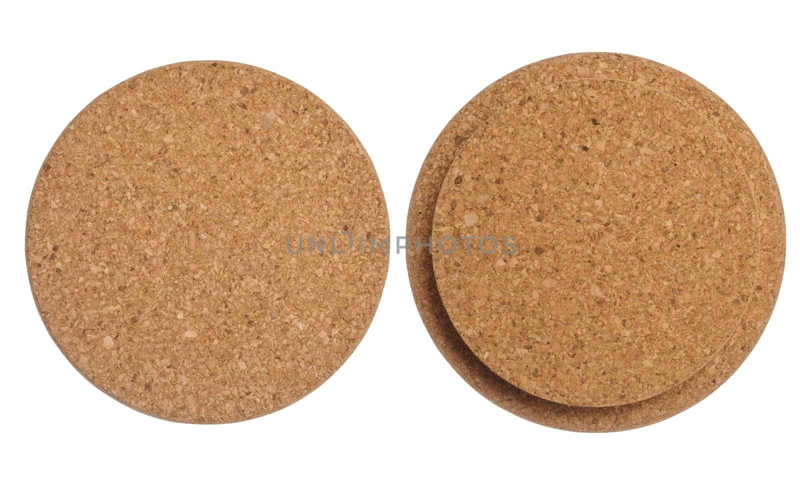 Brown bottle cap made from cork tree bark on isolated background, top view. Set