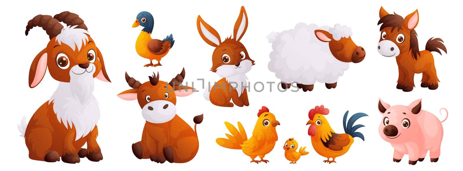 Cute cartoon pets - goat, duck, rabbit, sheep, pony, calf, rooster with hen and pig - perfect illustration for childrens books