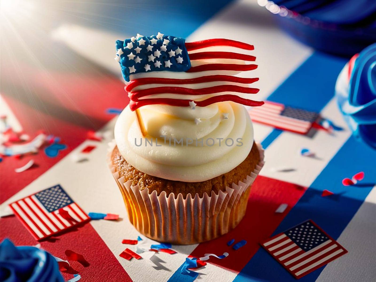 Patriotic Dessert Celebrate Independence Day with a Cupcake. Independence Day Cupcake Sweet Patriotic Celebration. 4th of July cupcake with flags and sprinkles. Cupcake. American Flag. US Holidays. Cake on 4th of July, Independence, Presidents Day. Tasty cupcakes with white cream icing and colored stars sprinkles. USA patriotism. Sweet dessert.﻿