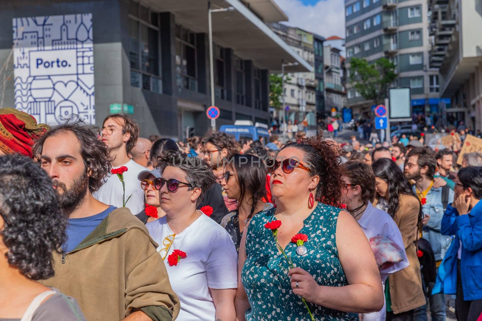 Porto, Portugal: April 25, 2024: Celebration and Protest of the April 25 in Portugal, Liberty Portuguese day, in Porto, Portugal