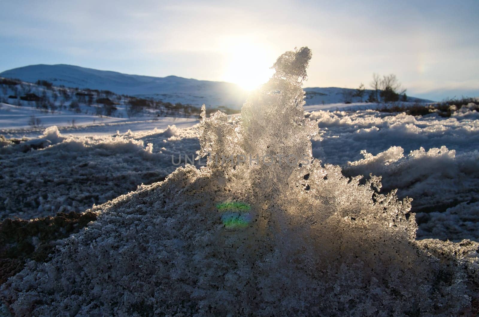 Ice crystals in a snow-covered landscape in the high mountains of Norway. Scandinavia