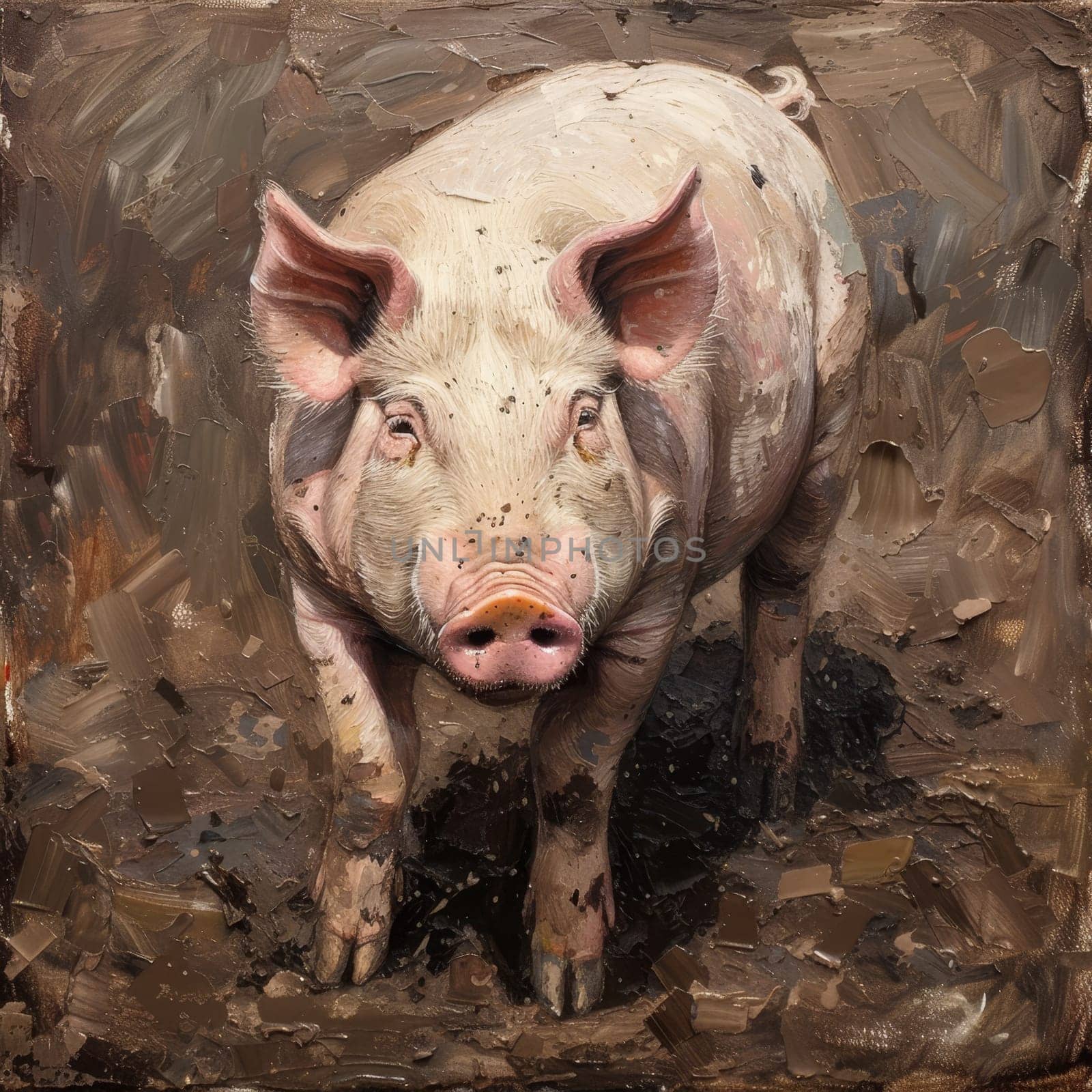 Realistic portrait of a spotted pig standing in mud, gazing forward with a curious and alert expression, showcasing the pig's natural habitat.