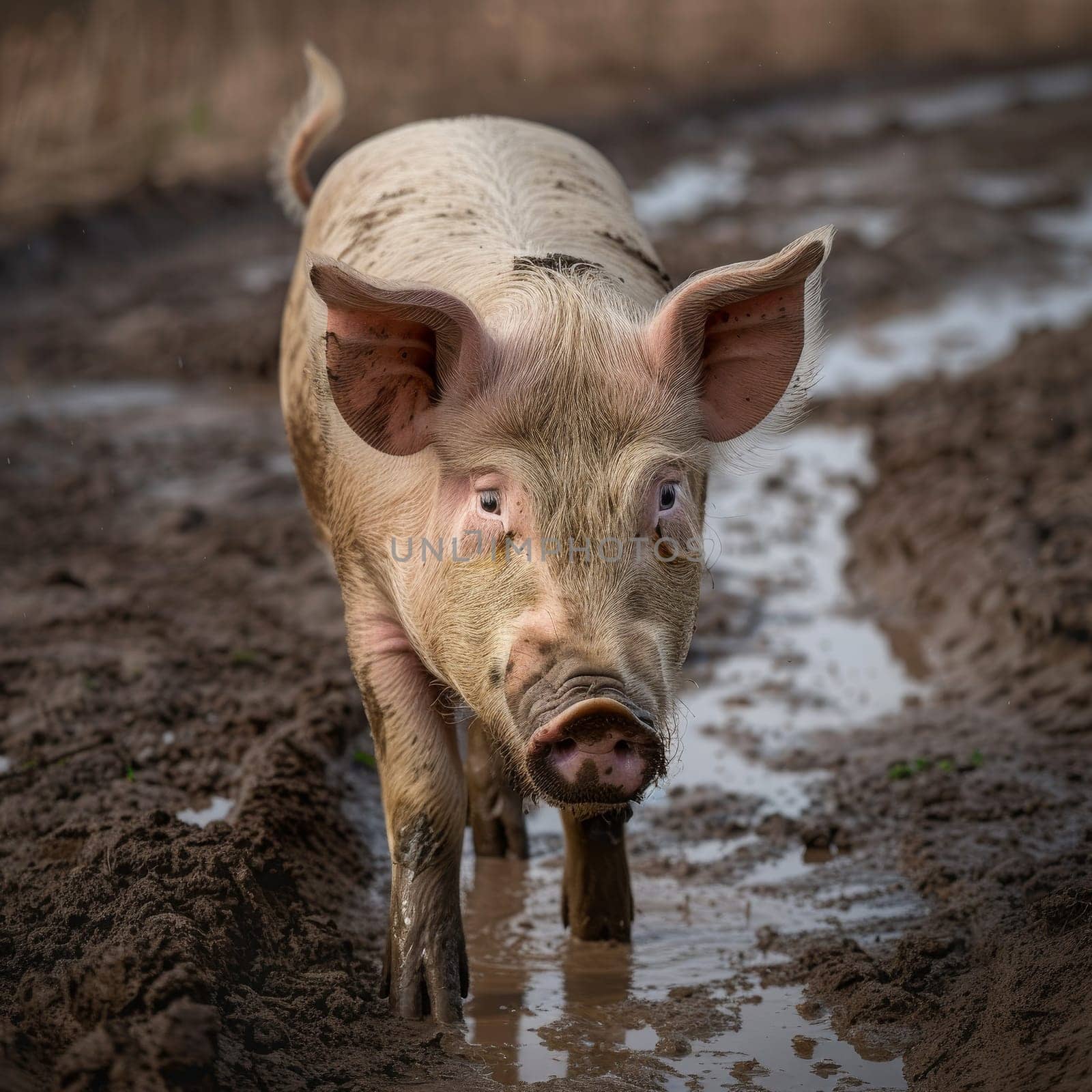 Close-up of a pig lounging in a mud puddle, glistening under the sunlight with a look of contentment on its face