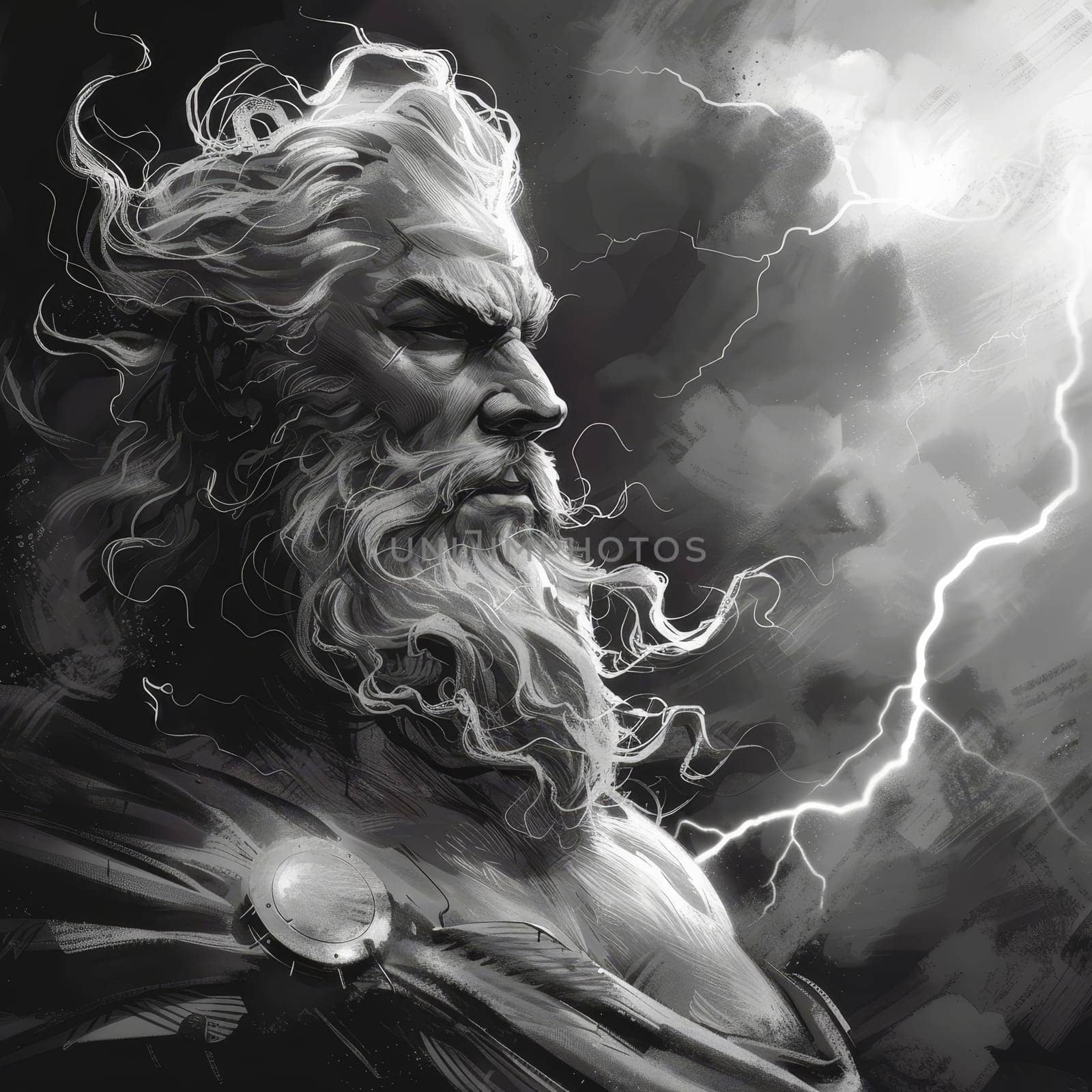 Dramatic black and white illustration of a mythological thunder god, his hair and beard flowing with the storm's fury
