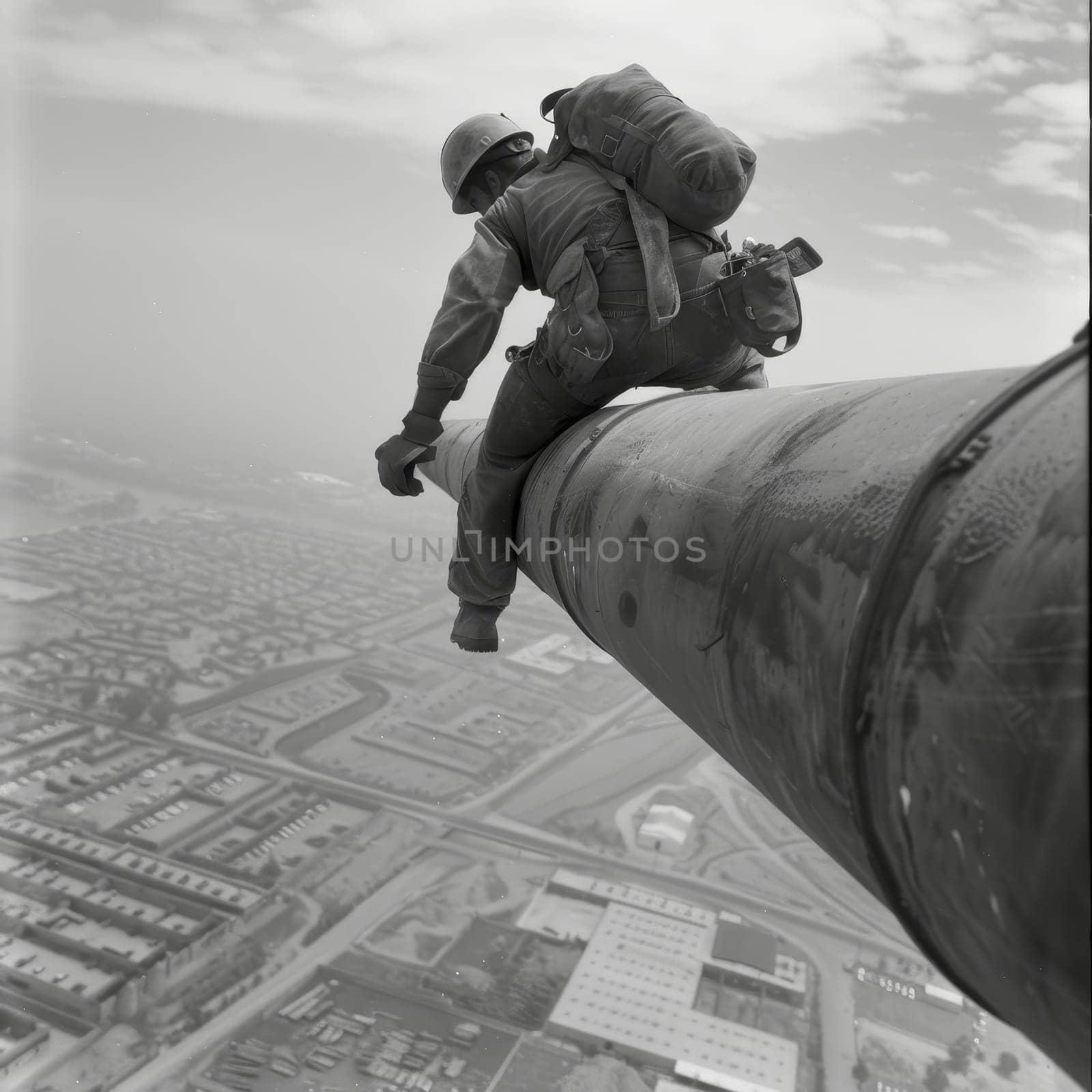 A worker in protective gear balances on a steel structure, performing skilled labor at a dizzying height above the city