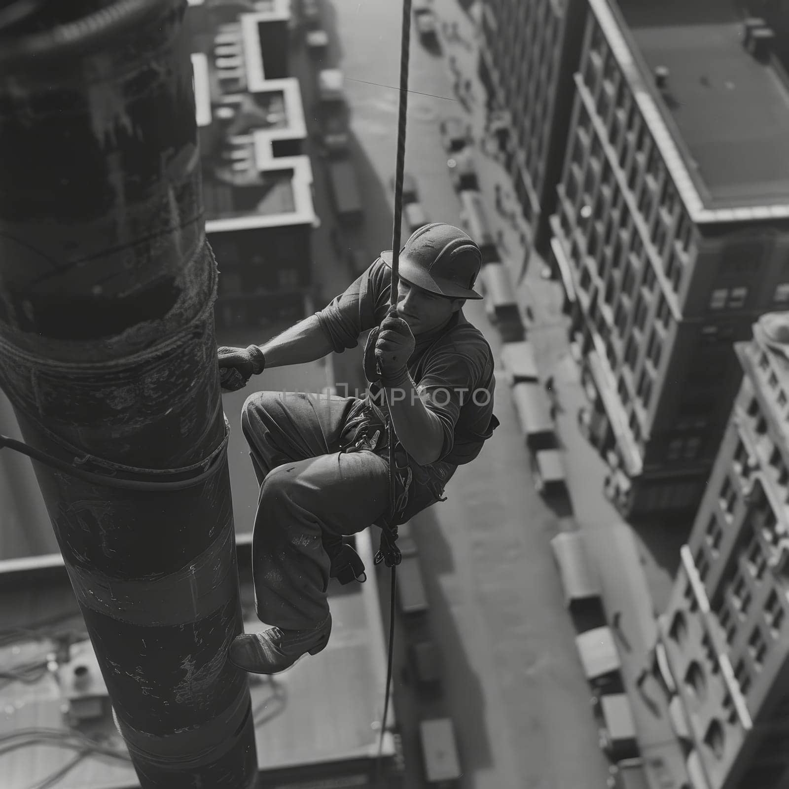 A focused industrial worker clad in safety harnesses navigates the exterior of a high-rise, with the city stretching out below