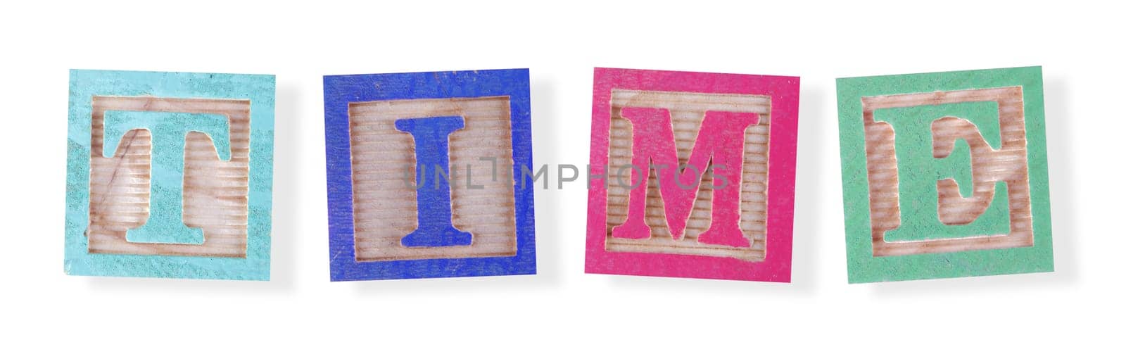 A time concept with childs wood blocks on white with clipping path to remove shadow