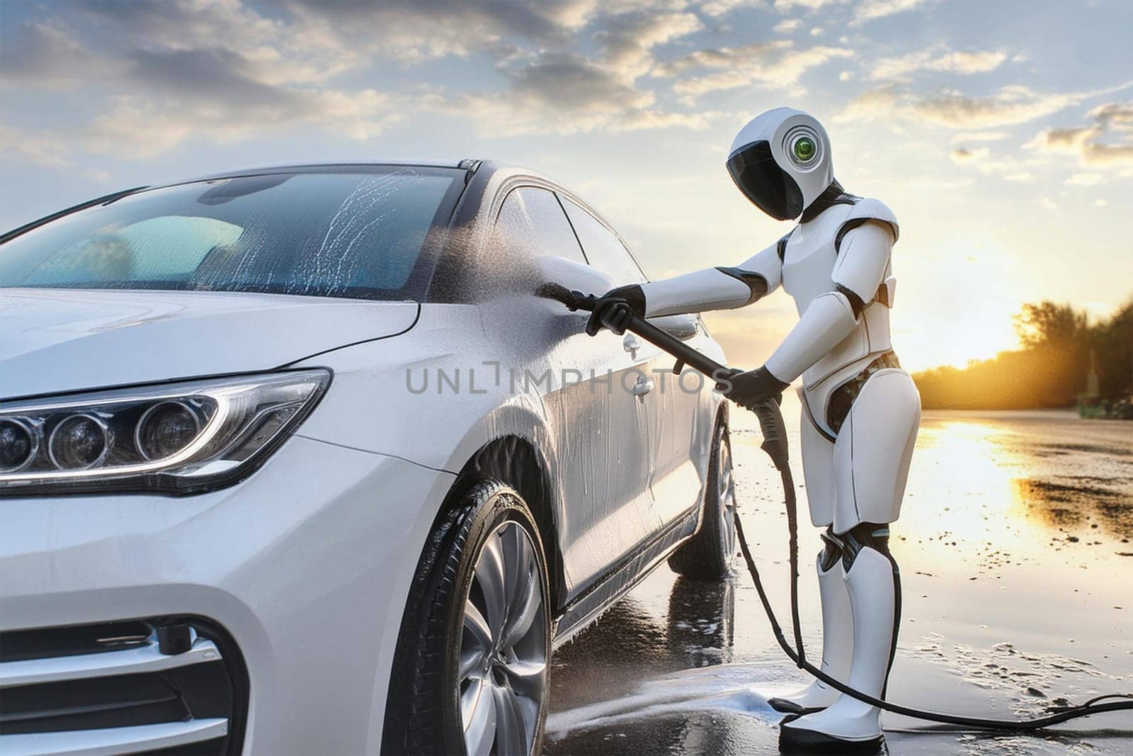 A white android robot washes a car with a hose with water pressure. Technological car wash.