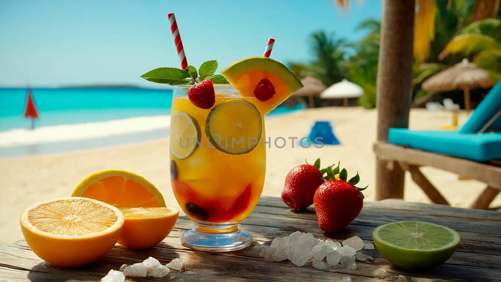 glass of refreshing drink with slices of fruit and decoration on a wooden beach table close-up, next to a sun lounger on a sandy beach, beautiful tropical beach in the background, sea, warm sunny day on a trip.