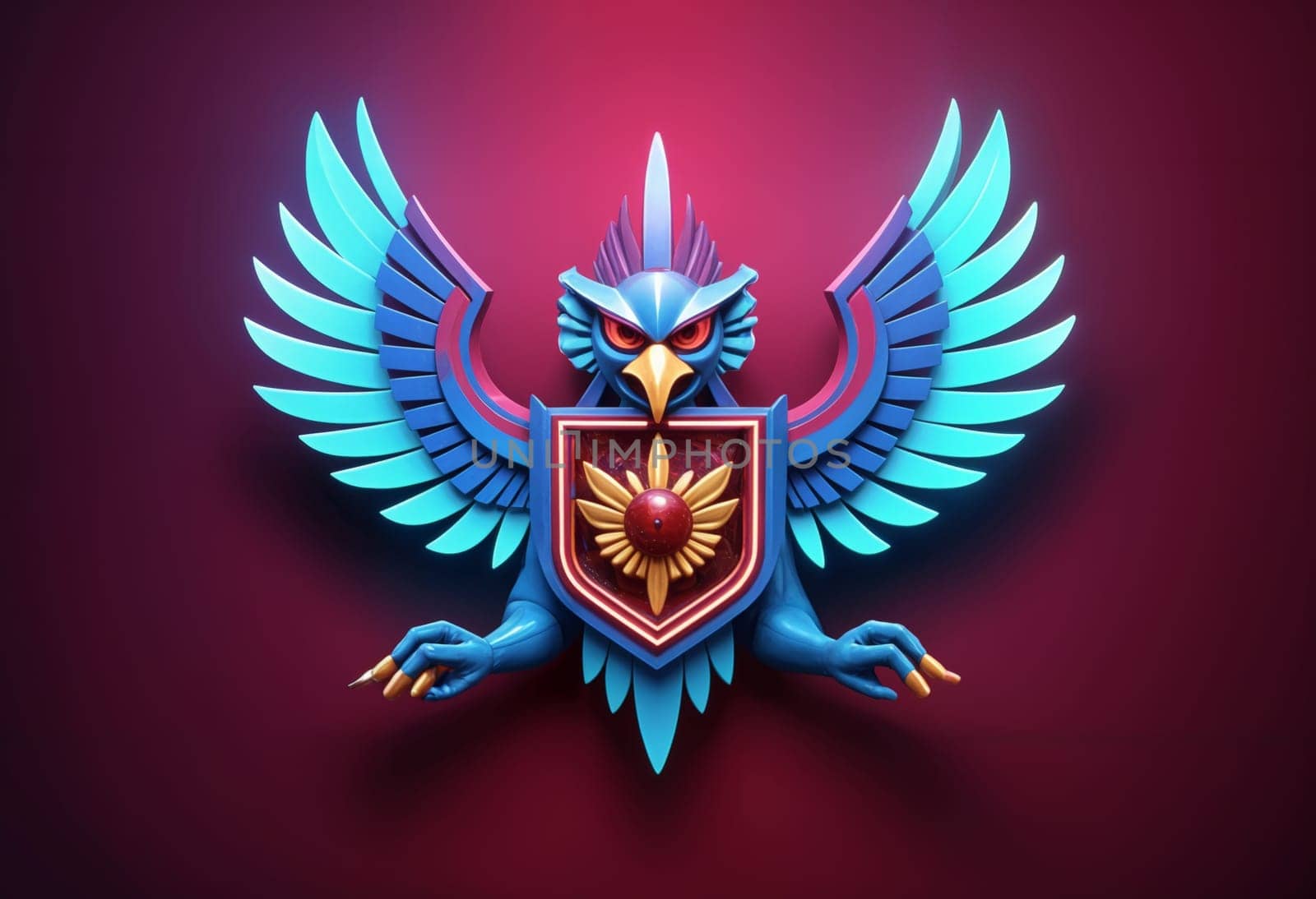 AI generated of a blue and red garuda bird with wings and shield on a red background