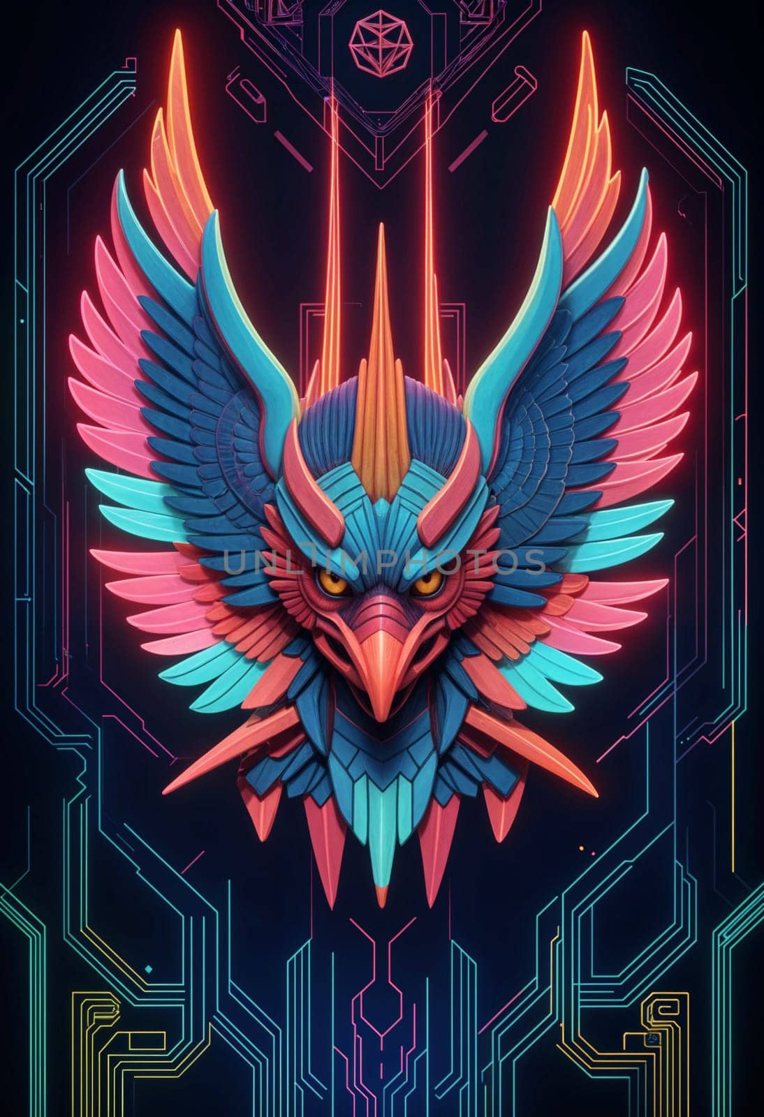 AI generated of a colorful bird with neon wings on a black background with futuristic colorful design